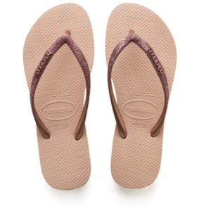Havaianas, NWOT, slim glitter flip flops ballet rose/golden lush size 3/4 youth